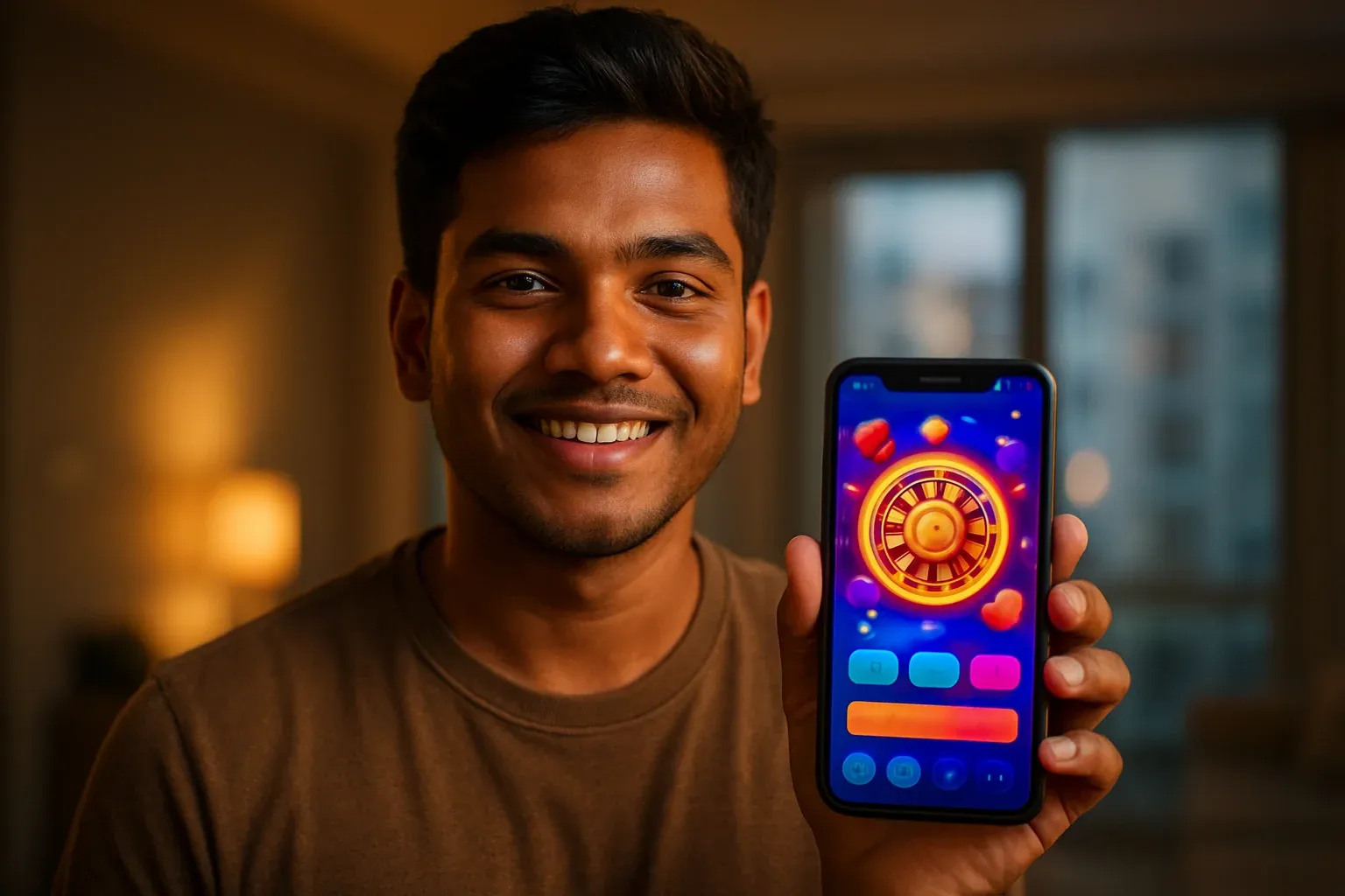 Young Bangladeshi man smiling, holding phone showing glowing casino app interface