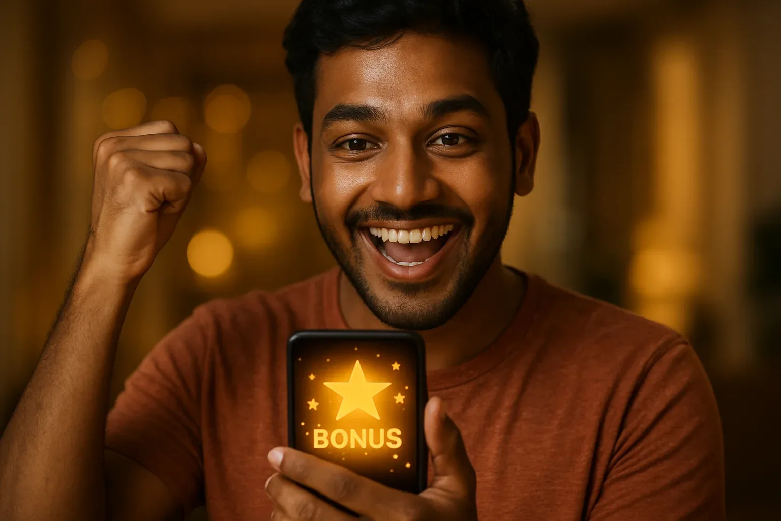 Joyful young Bangladeshi man celebrating, holding smartphone with glowing bonus notification