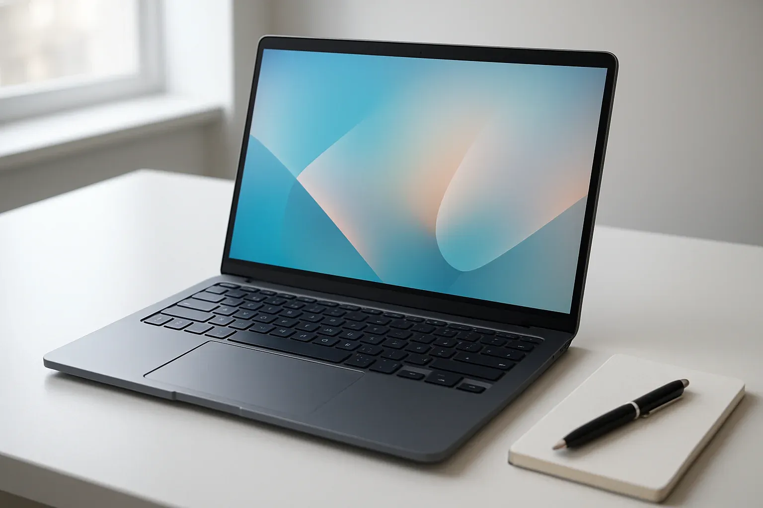 Modern laptop on white desk with abstract glowing screen in daylight