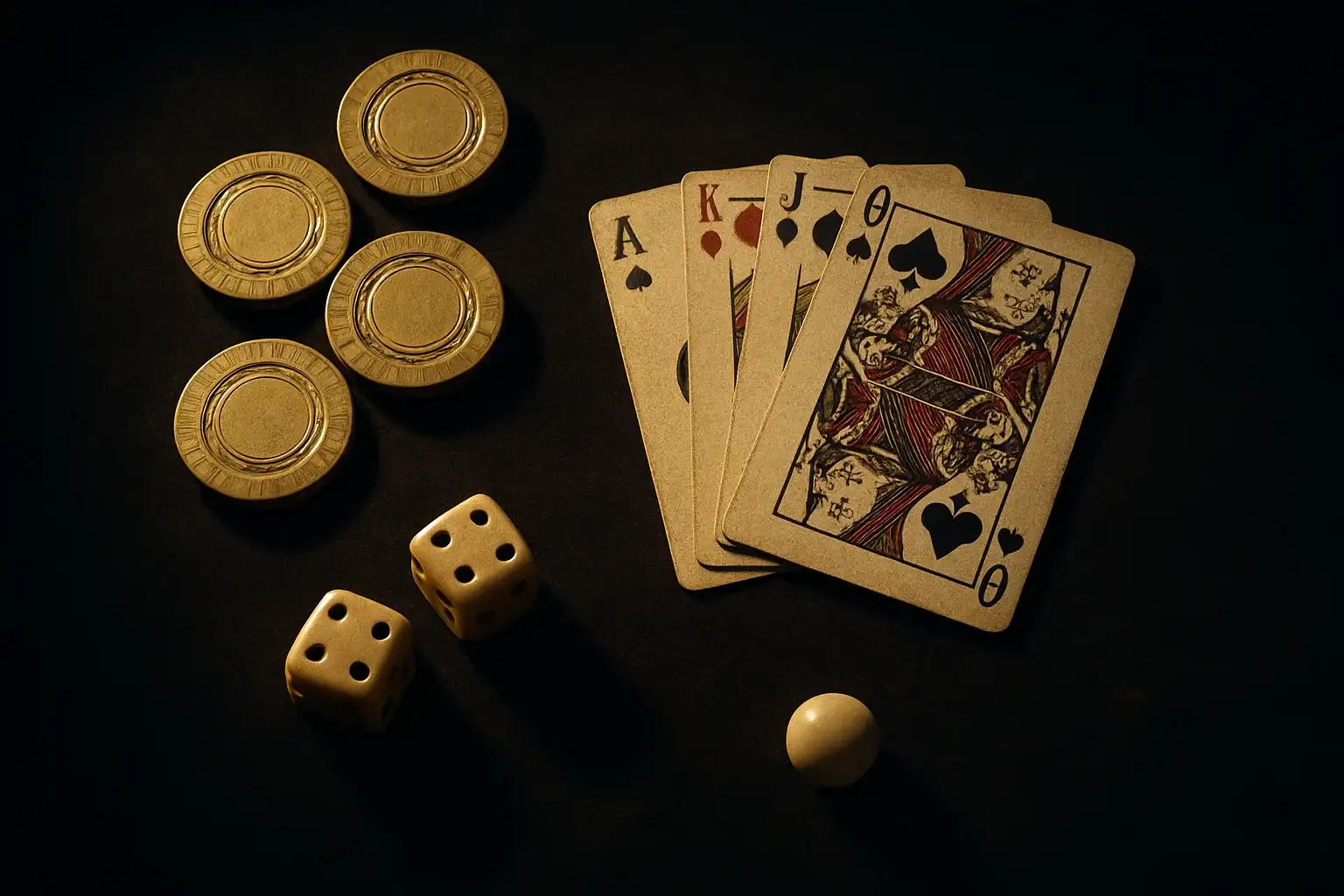 Top-down casino flat-lay on dark velvet with gold chips, cards, dice, roulette ball