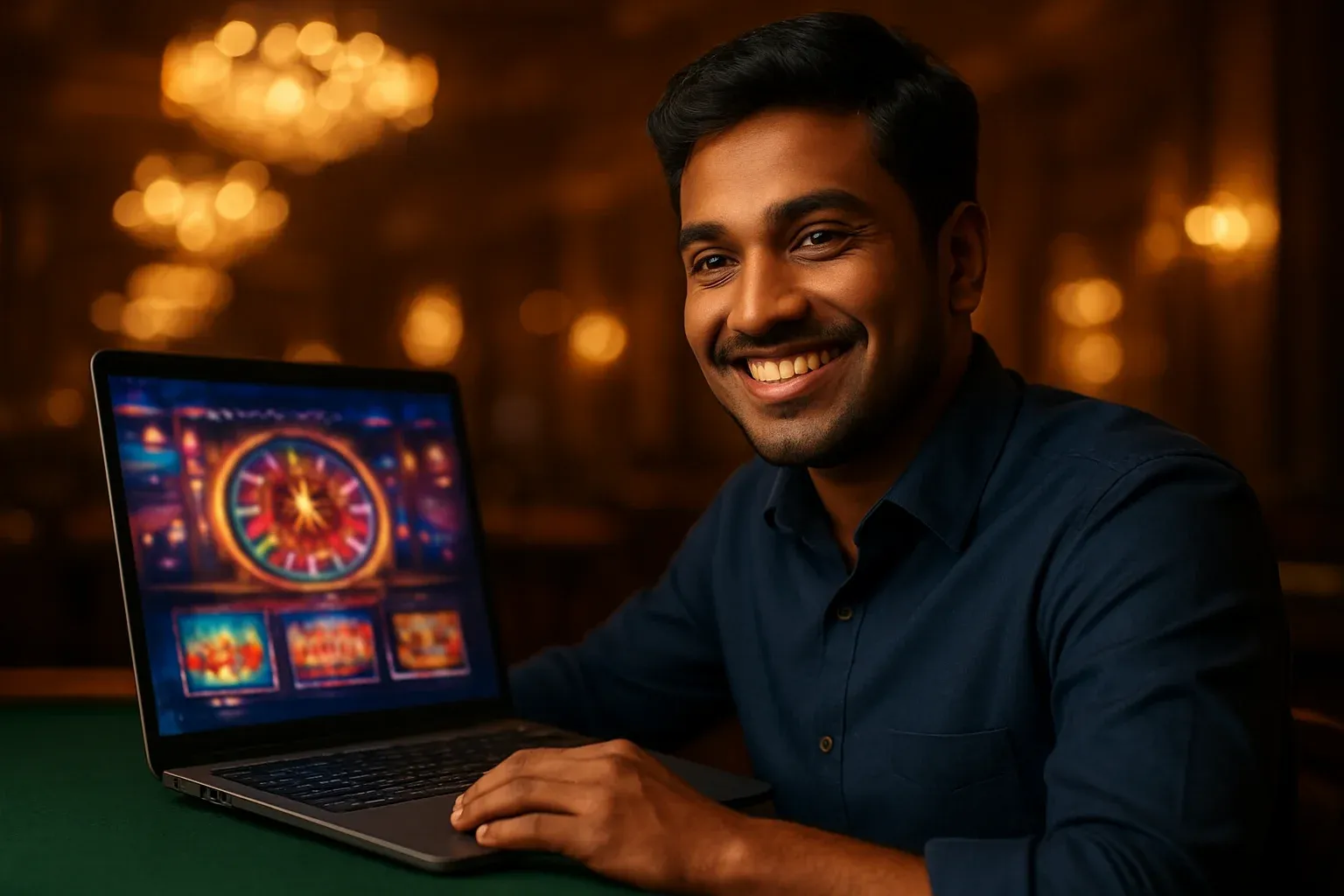Cheerful Bangladeshi man in navy shirt at casino lounge with open laptop