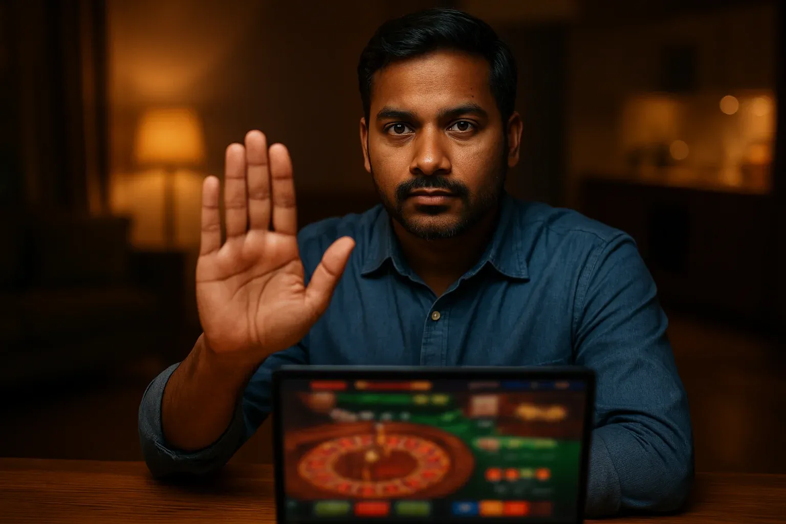 Bangladeshi man makes stop gesture beside laptop with blurred online casino