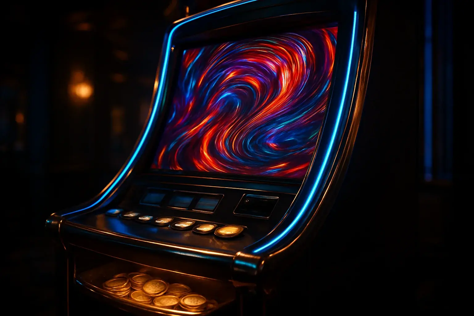 Hyperrealistic premium slot machine in dark luxury setting with neon lighting